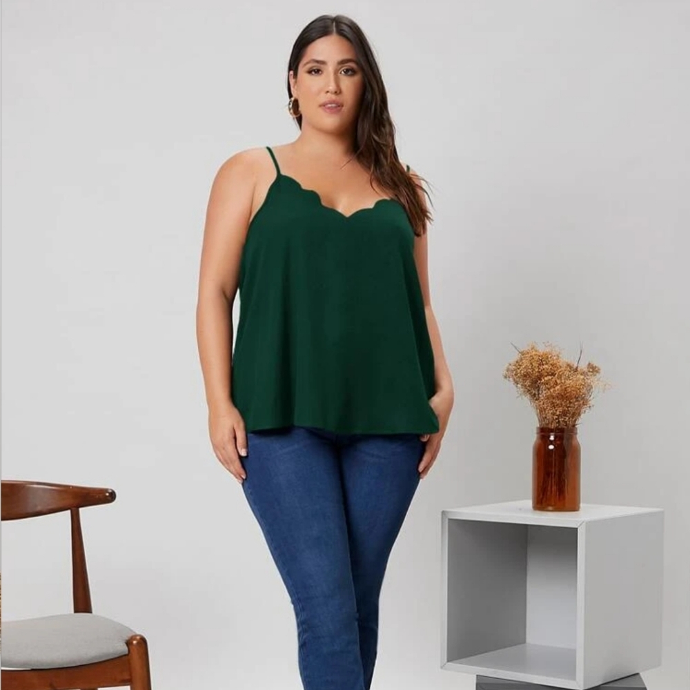 Forest Green Swing Sleevless Blouse Tank Cami with Scallop Hem